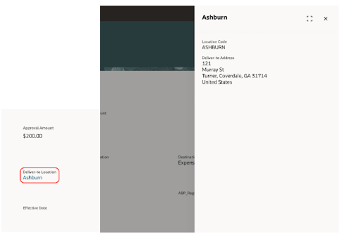 Oracle Fusion requisition page with the Deliver-To Location drawer open showing the Ashburn address including street, city and postcode