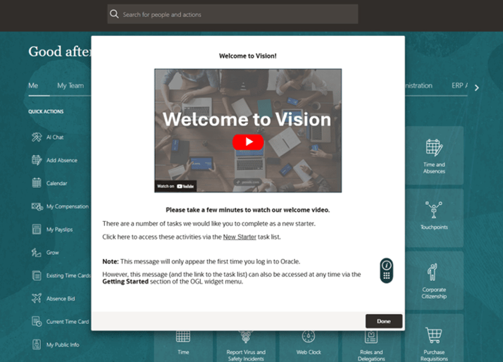 Welcome Oracle Fusion Page as Message 