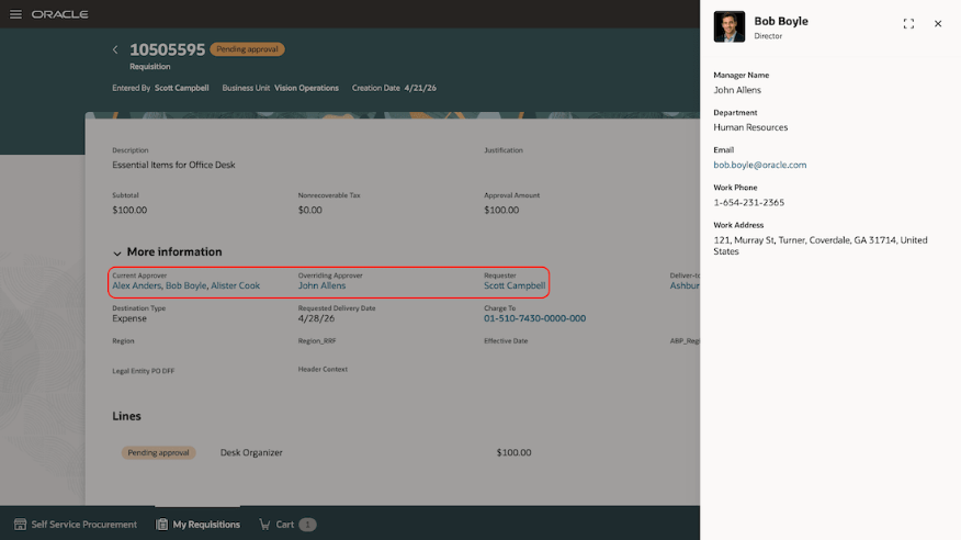 Oracle Fusion requisition page with the approver information drawer open showing Bob Boyle's name, title, department, email and work phone