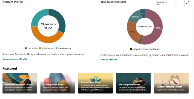 Oracle AI Success Navigator interface supporting release readiness, change impact analysis, and Oracle Guided Learning adoption planning.