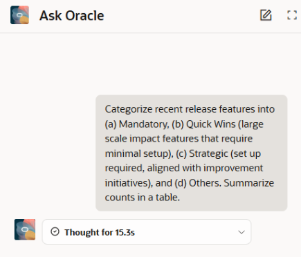 Example Oracle AI Success Navigator prompt used to generate structured guidance for release planning, OGL content creation, and change readiness.
