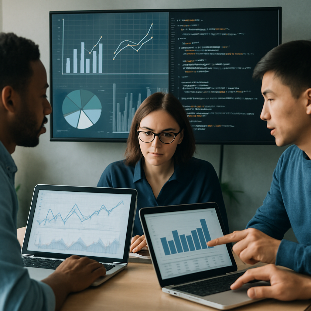 generate an image showing technical computing people and analytics with no words