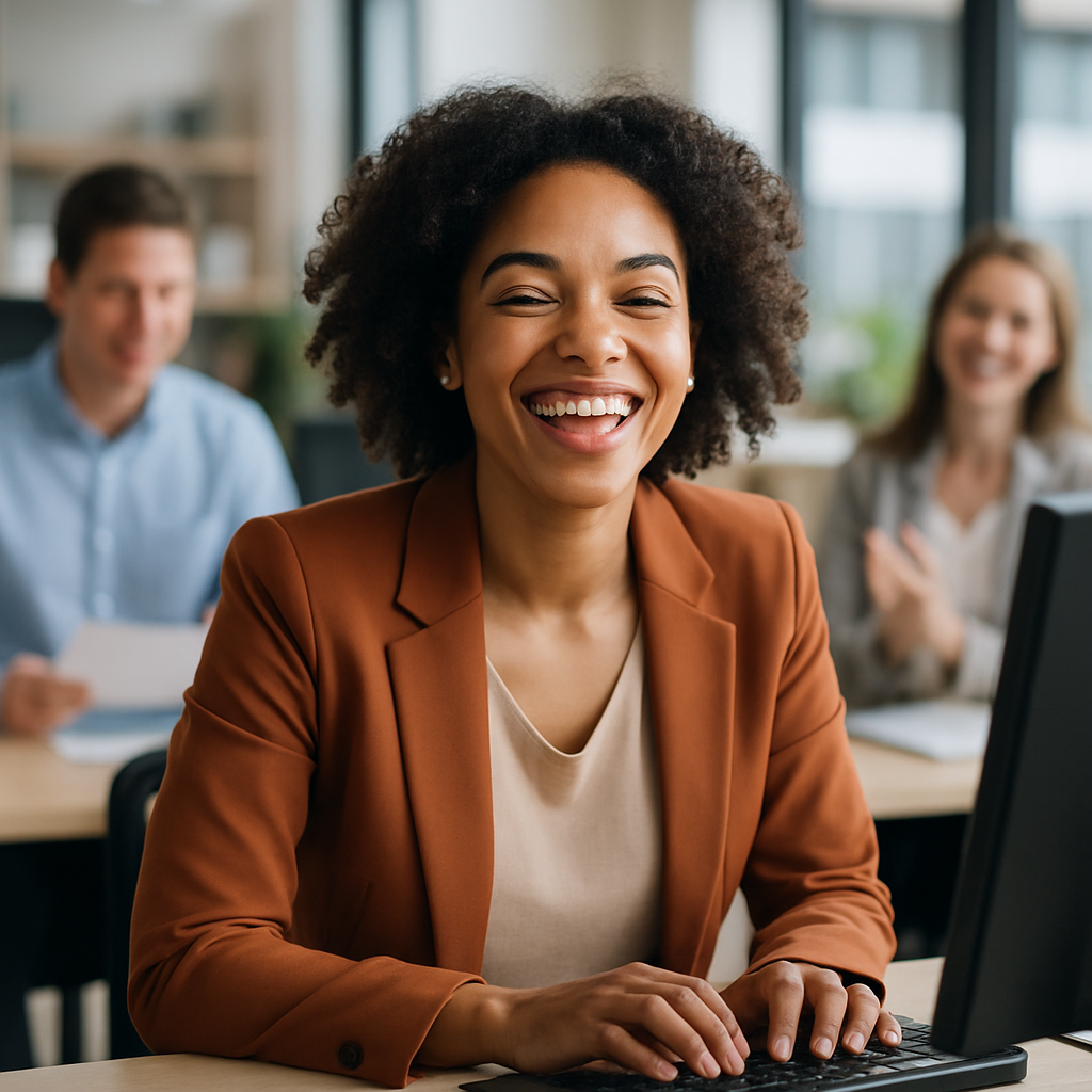 image depicting end user happiness following well constructed and delivered training so they can do their day jobs with no wording in a business sense